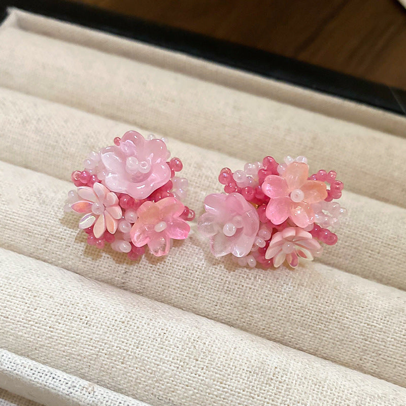 Dopamine Vacation Style Sier Needle Bead Flower Delicate Indie Earrings
