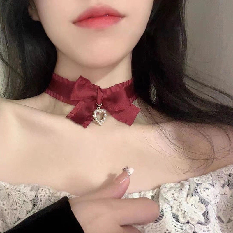 Handmade Style Sweet Cute Lady Bow Rhinestone Love Necklace