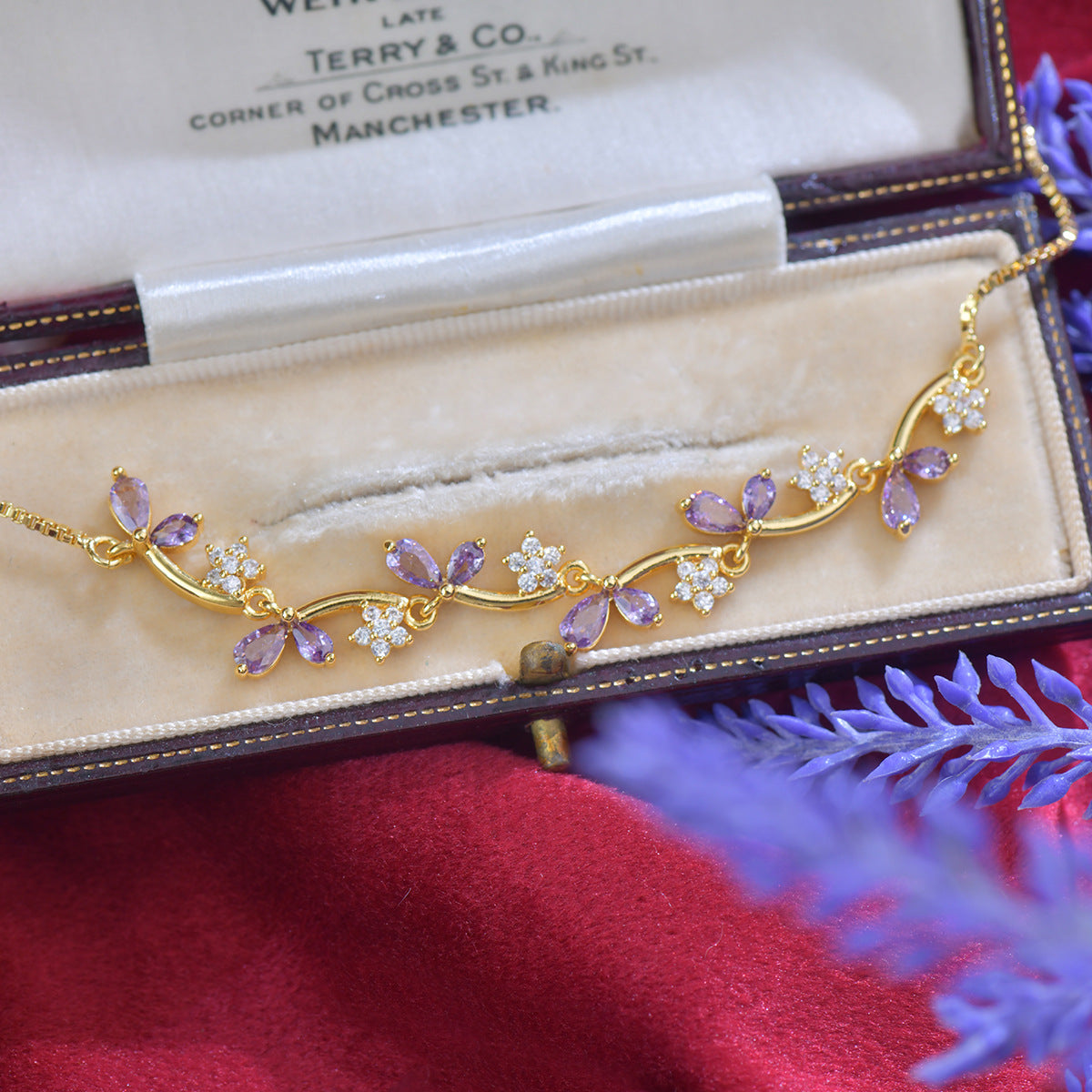 Zircon Leaf Bud Pomegranate Red Purple Electroplated Real Bracelet