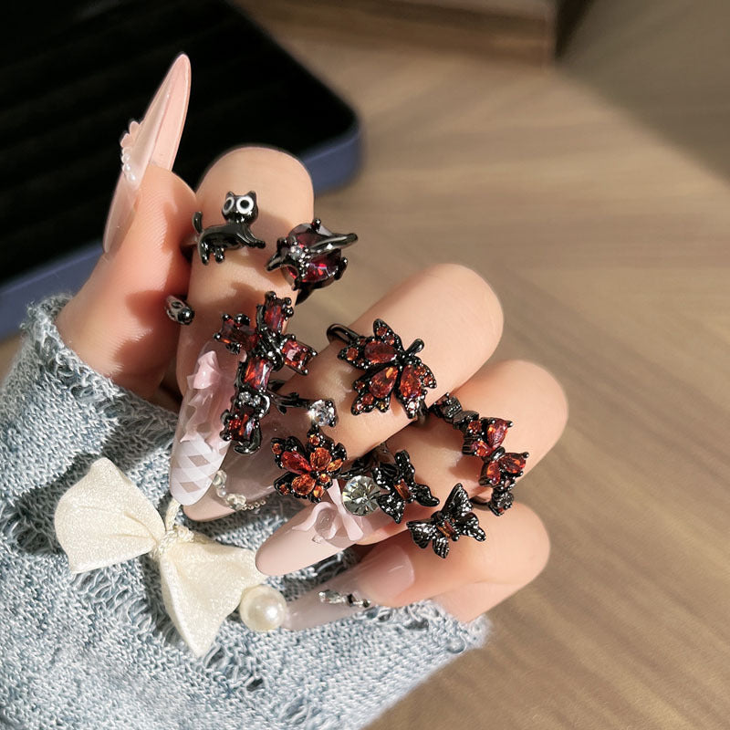 Trendy Cool Full Diamond Dark Style Cross Red Maple Leaf Ring
