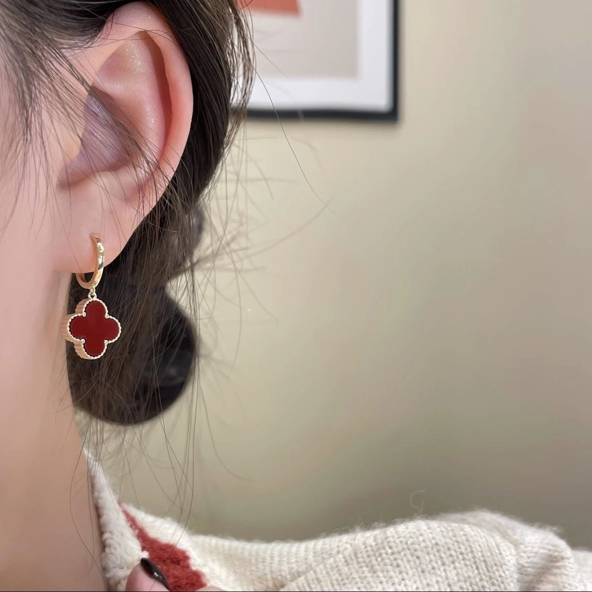 Sier-plated Korean Style Clip Clover Exquisite Versatile High Earrings