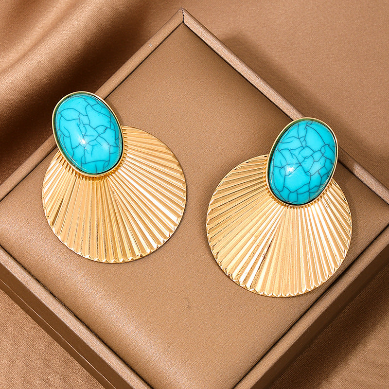 Women's Pair Fashion Design Turquoise Metal Diameter Big Round Slice Dance Earrings