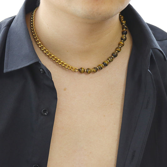 Men's Titanium Steel Cuban Set Natural Tigereye Necklaces