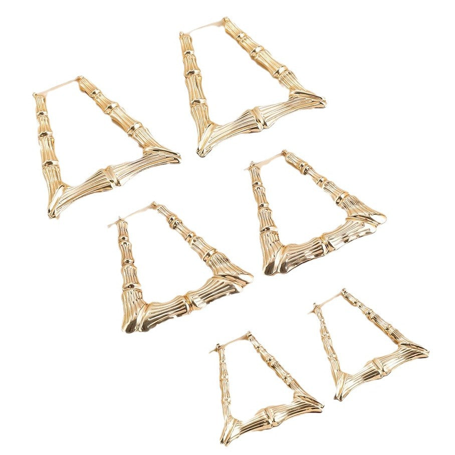 Gold Alloy Triangle Trapezoidal Hip Hop Exaggerated Oversized Bamboo Earrings