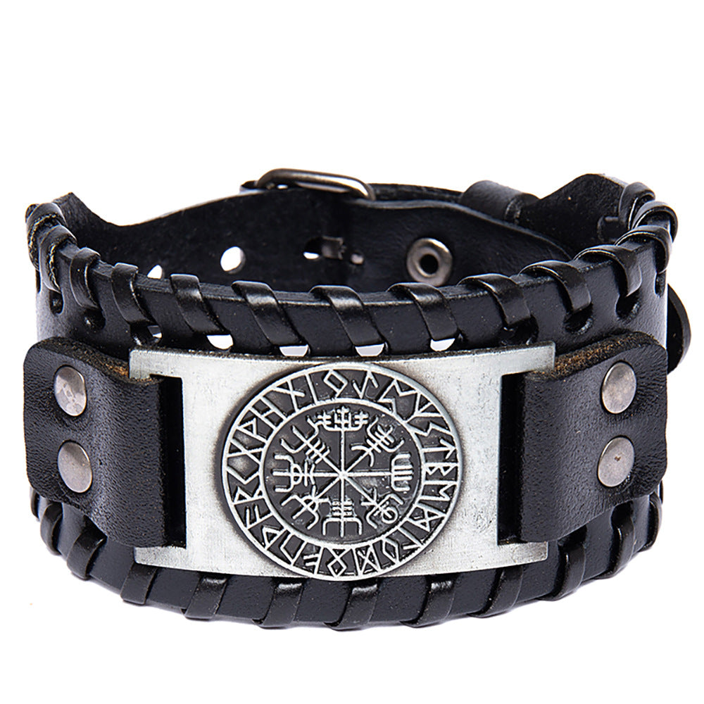 Men's Vintage Viking Compass Totem Width Leather Bracelet
