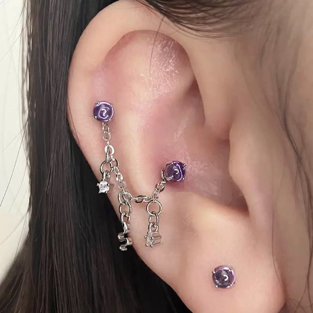 Sweet Cool Purple Twin Double Ear Zircon Flat Bottom Stud Earrings