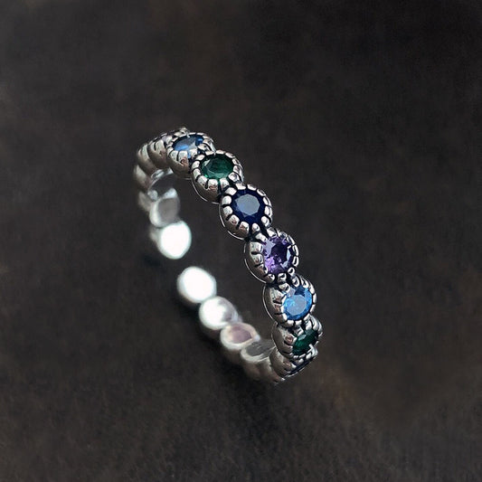 Round Color Zircon Personality Affordable Luxury Cold Style French Flower Ring