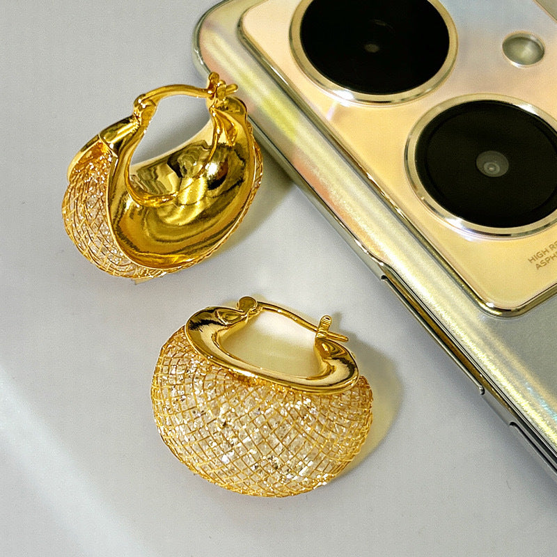 Women's Luxury Gold Silk Mesh Crystal Real Chrome Earrings