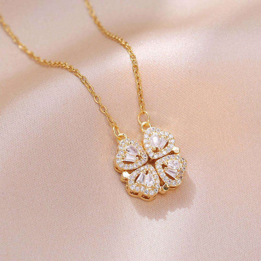 Women's Steel Cross Chain Open Close Four-leaf Flower Necklace