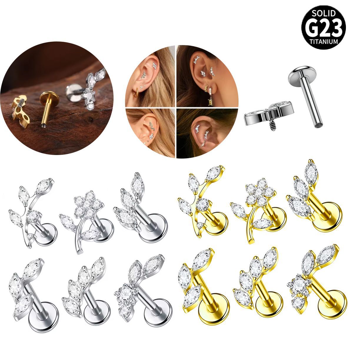 Titanium Alloy Flower Piercing Internal Thread Horse Eye Real Gold Stud Earrings