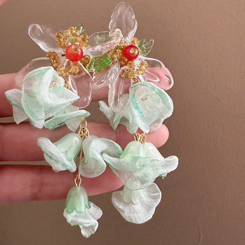 Women's High-grade Beaded Weave Flower Tassel Chiffon Petal Atmosphere Gentle Spirit Earrings