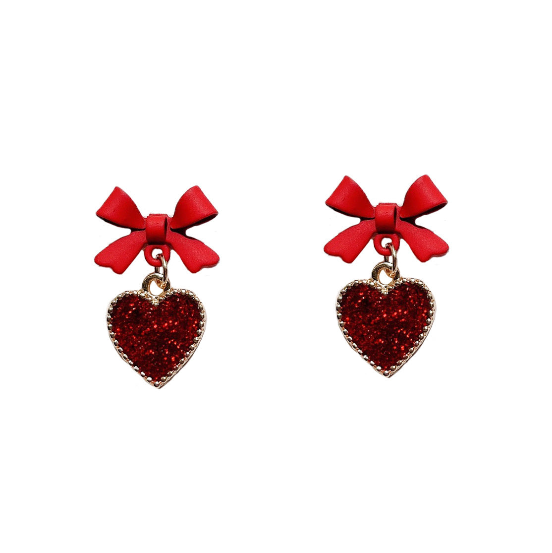 Women's Red Heart-shaped Enamel Girlish Style Bow White Earrings