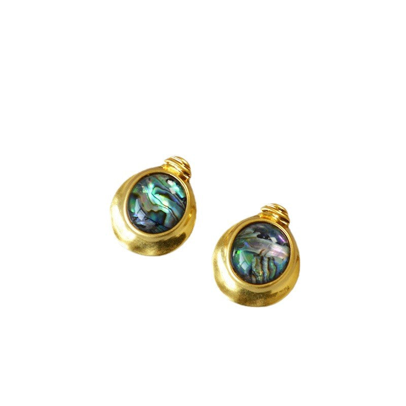 Minority Retro Artistic Brass Gold-plated Irregular Round Colorful Abalone Shell Stud Earrings