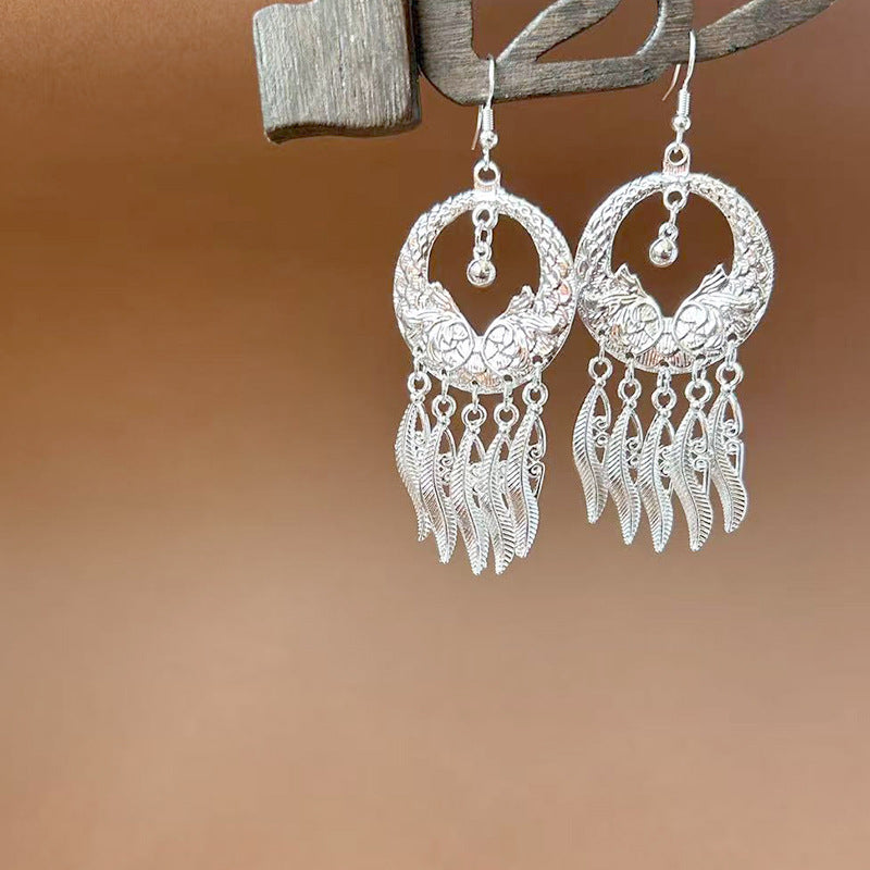 Sier Ethnic Style Peacock Retro Ear Hook Vintage Scenic Spot Earrings