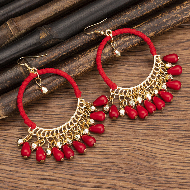 Women's Ethnic Style Bead Tassel Hand-woven Yunnan Earrings