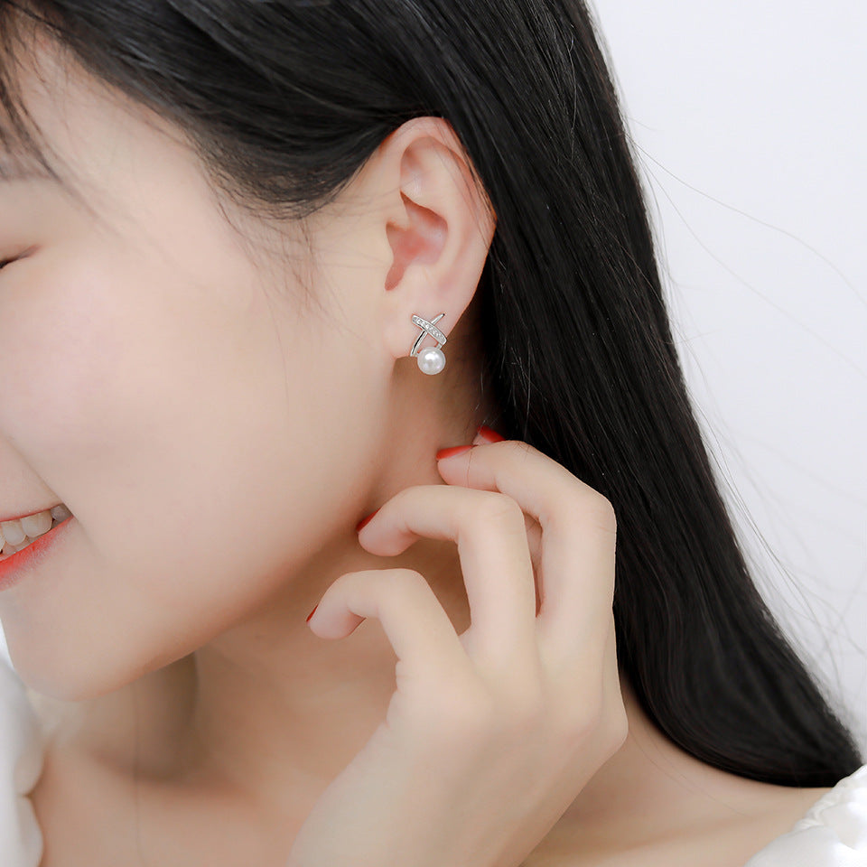 Natural Freshwater Pearl Ear X-shaped Cross Line Stud Earrings