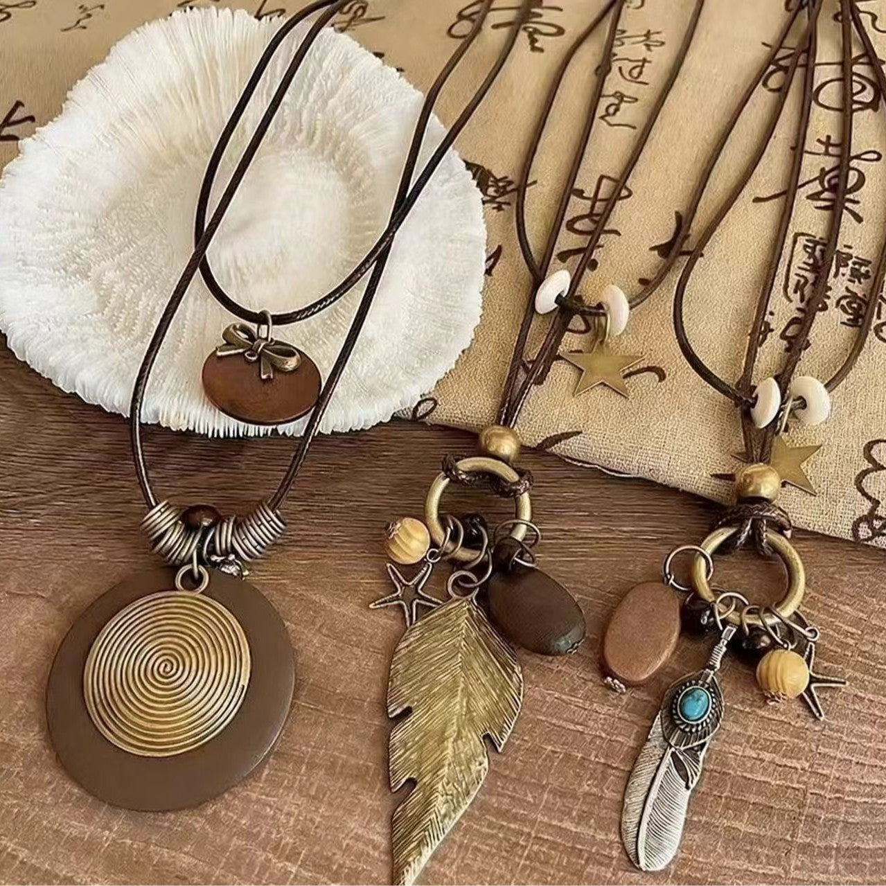Women's Chinese Zen Retro Long Feather Bohemian Ethnic Style Double Layer Necklaces