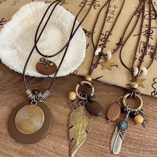 Women's Chinese Zen Retro Long Feather Bohemian Ethnic Style Double Layer Necklaces
