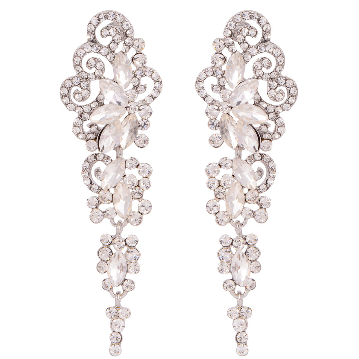 Shining Full Diamond Elegant Beautiful Flowers Symmetrical Long Tassel Earrings