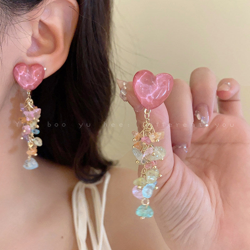Loving Heart Gravel Tassel Exaggerated Vacation Style Stud Earrings