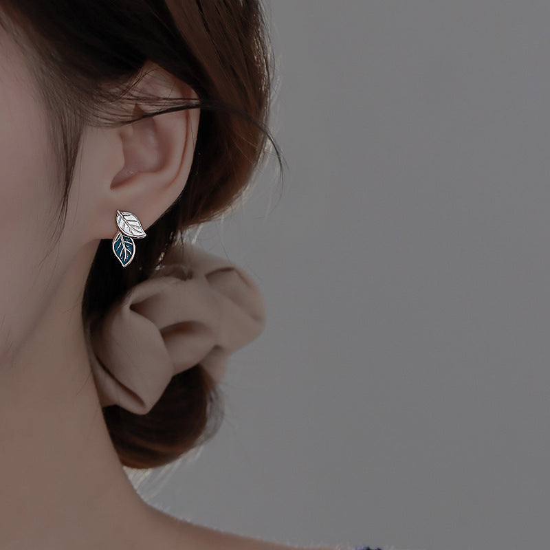 Of Blue Tree Leaves Ear Female Winter Niche Design Simple Stud Earrings