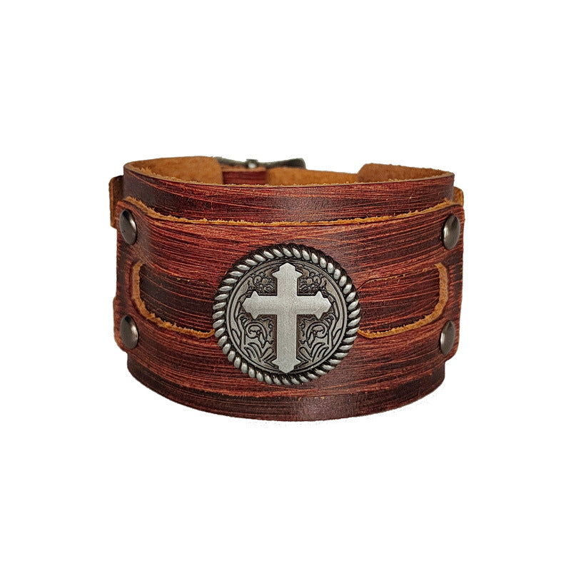 Men's Popular Punk Cattle Leather Cross Wide Bracelets