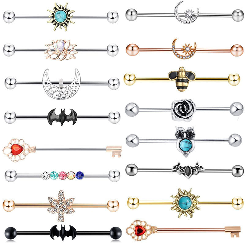 Industrial Barbell Ear External Thread Piercing Bridge Double Stud Earrings