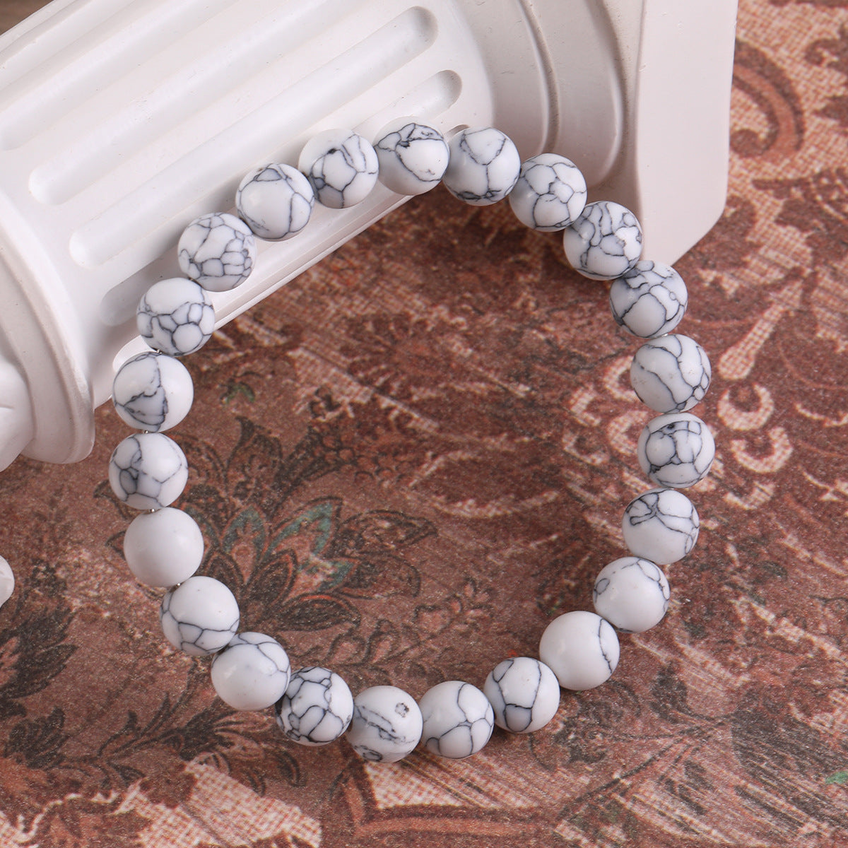 Women's & Men's Artistic Black Line White Turquoise Twin Round Beads Elastic String Bracelet