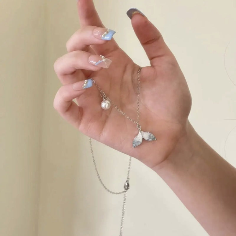 Fresh Blue Crystal Fishtail Pearl Temperament Entry Lux Necklace