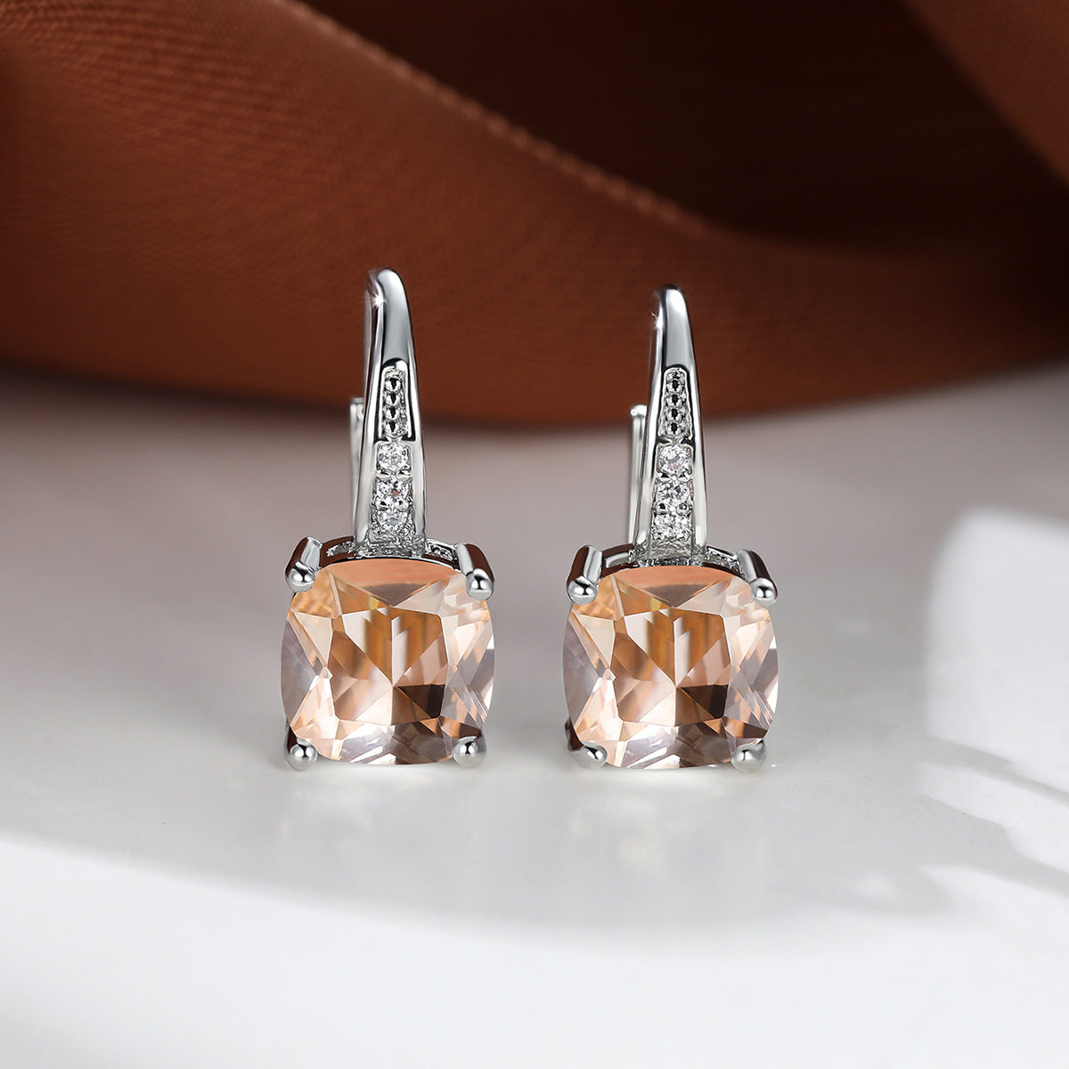 Women's Square Zircon Inlaid Ear Hook Korean Fashion Style Stud Earrings