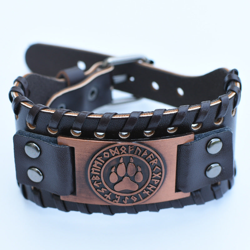 Men's Retro Viking Totem Leather Wolf Head Bear Claw Gossip Lucky Bracelet