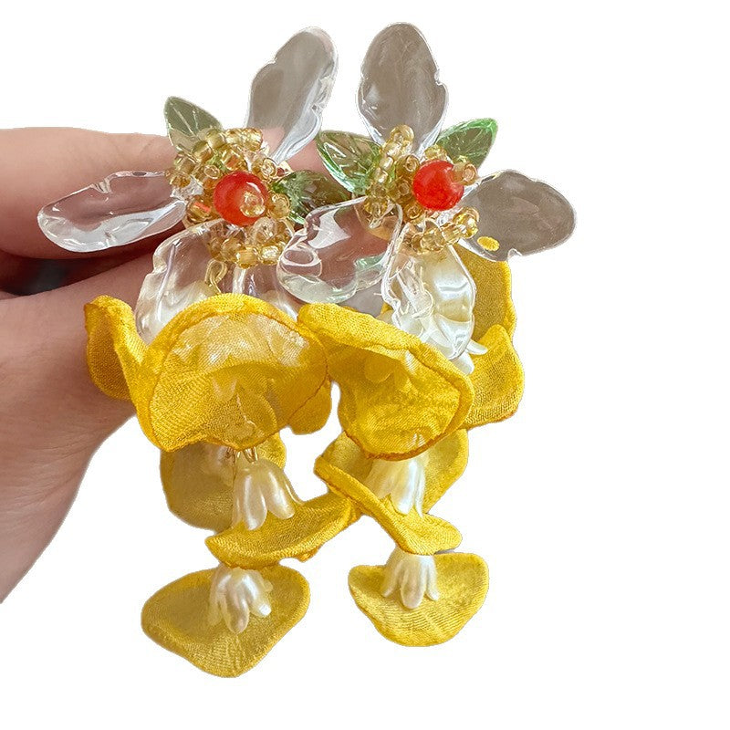 Women's High-grade Beaded Weave Flower Tassel Chiffon Petal Atmosphere Gentle Spirit Earrings