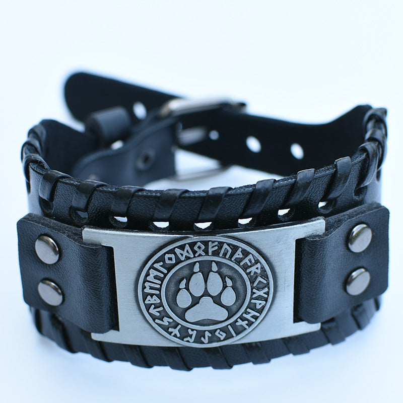 Men's Retro Viking Totem Leather Wolf Head Bear Claw Gossip Lucky Bracelet