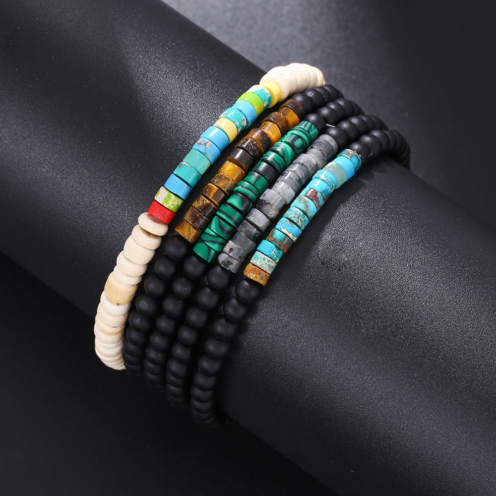 Men's Turquoise Stone Wafer Stitching Extremely Fine Black Frosted Beaded Artistic Rings
