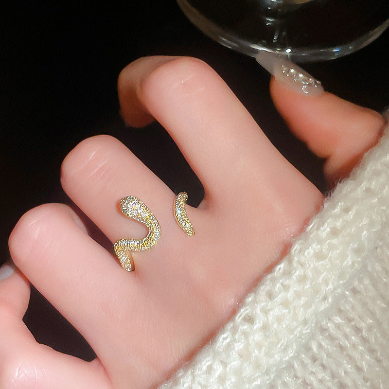 Women's Shining Diamond Snake-shaped Sier Open Advanced Texture Simple Trendy Cool Ring