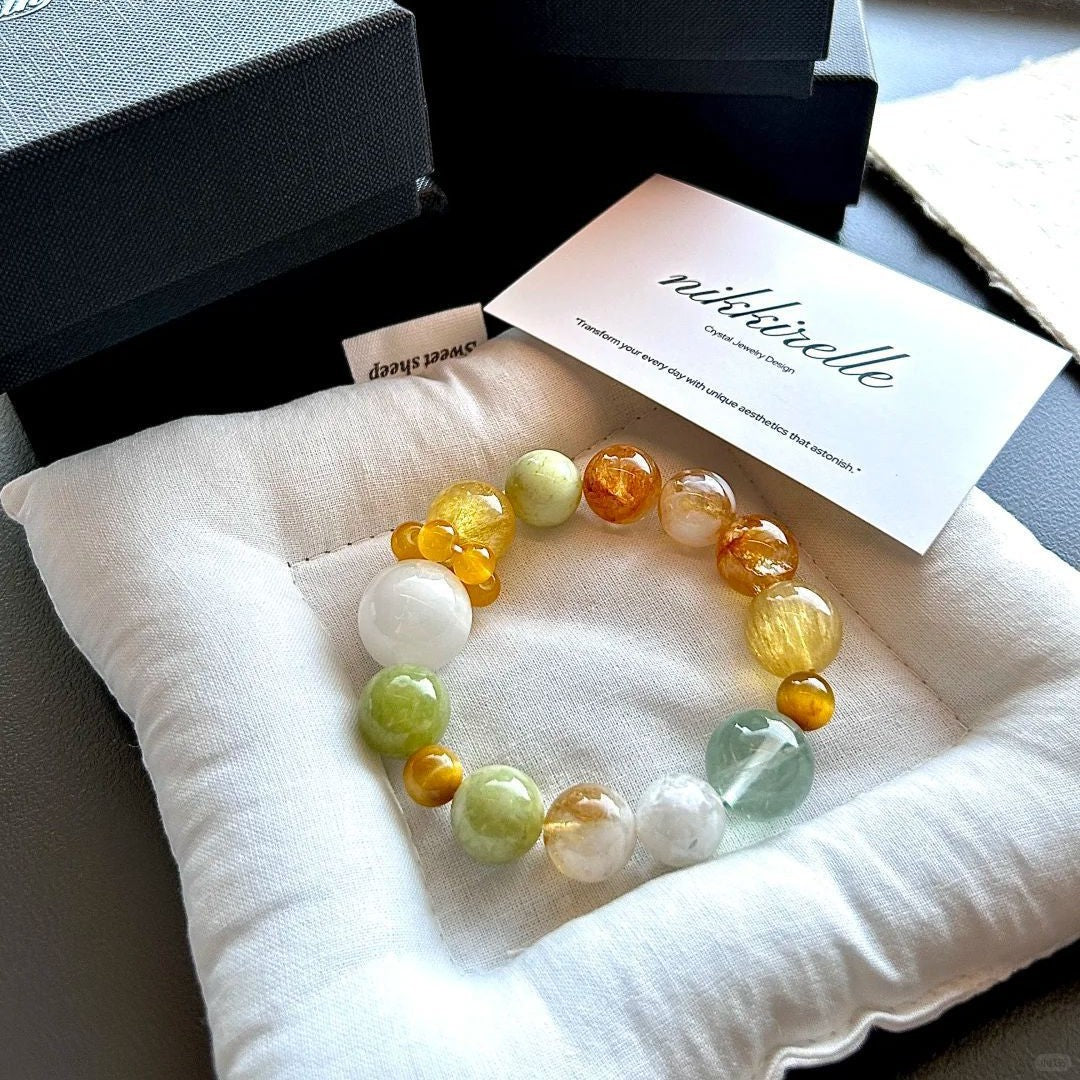 Orange Yellow Green Snowflake Ghost Fluorite Crystal Jade Gold Bracelets