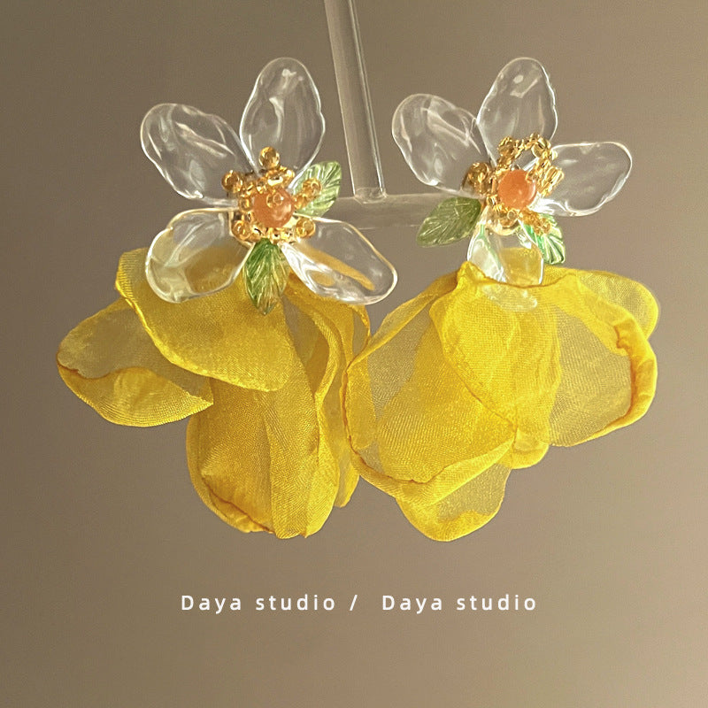 Fairy French Retro Chiffon Flower Tassel High Earrings