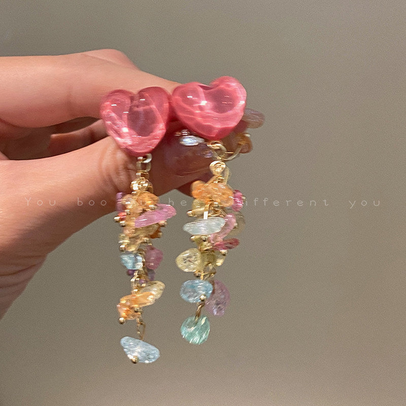 Loving Heart Gravel Tassel Exaggerated Vacation Style Stud Earrings