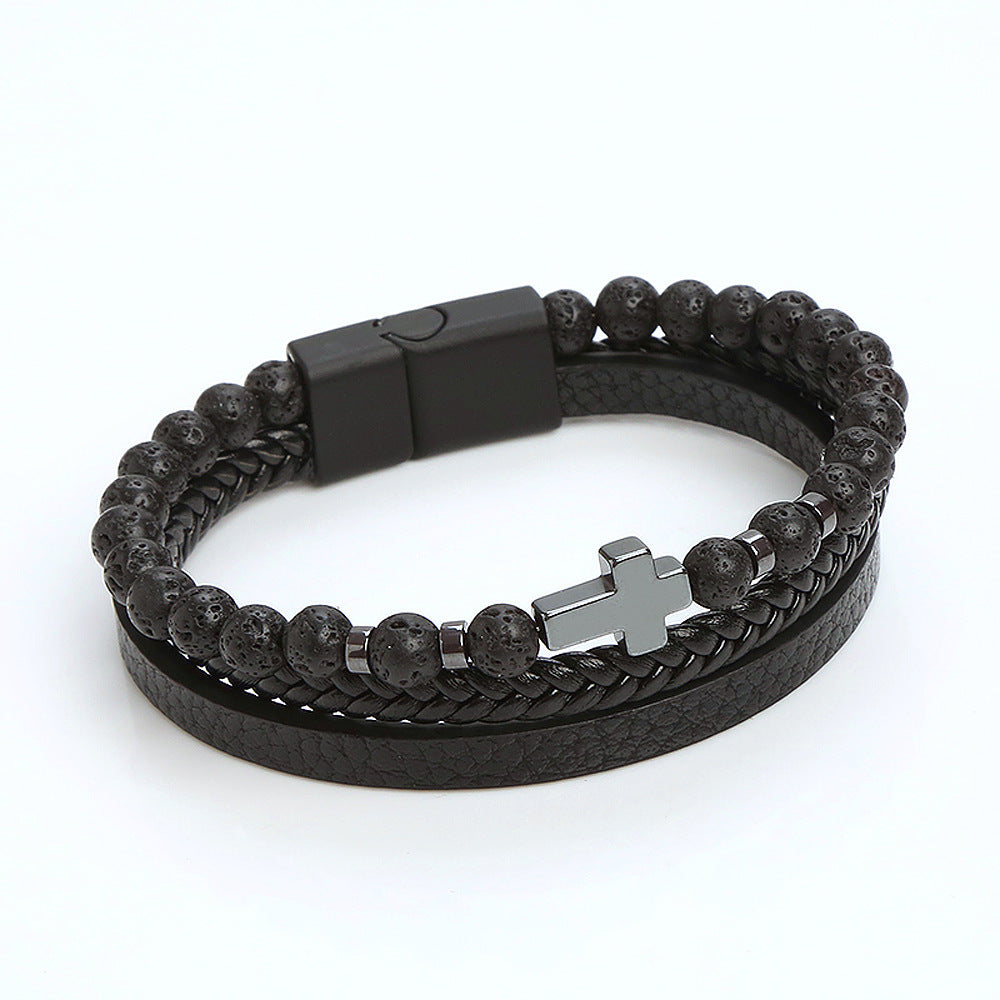 Stone Stainless Steel Obsidian Volcanic Rock Elements Simple Bracelet