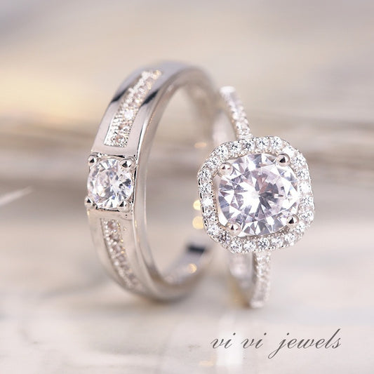 Women's & Men's Couple Open Diamond Wedding Simulation Sier Rings
