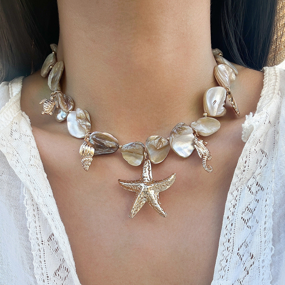 Stylish Beach Summer Starfish Shell Alloy Vintage Necklaces