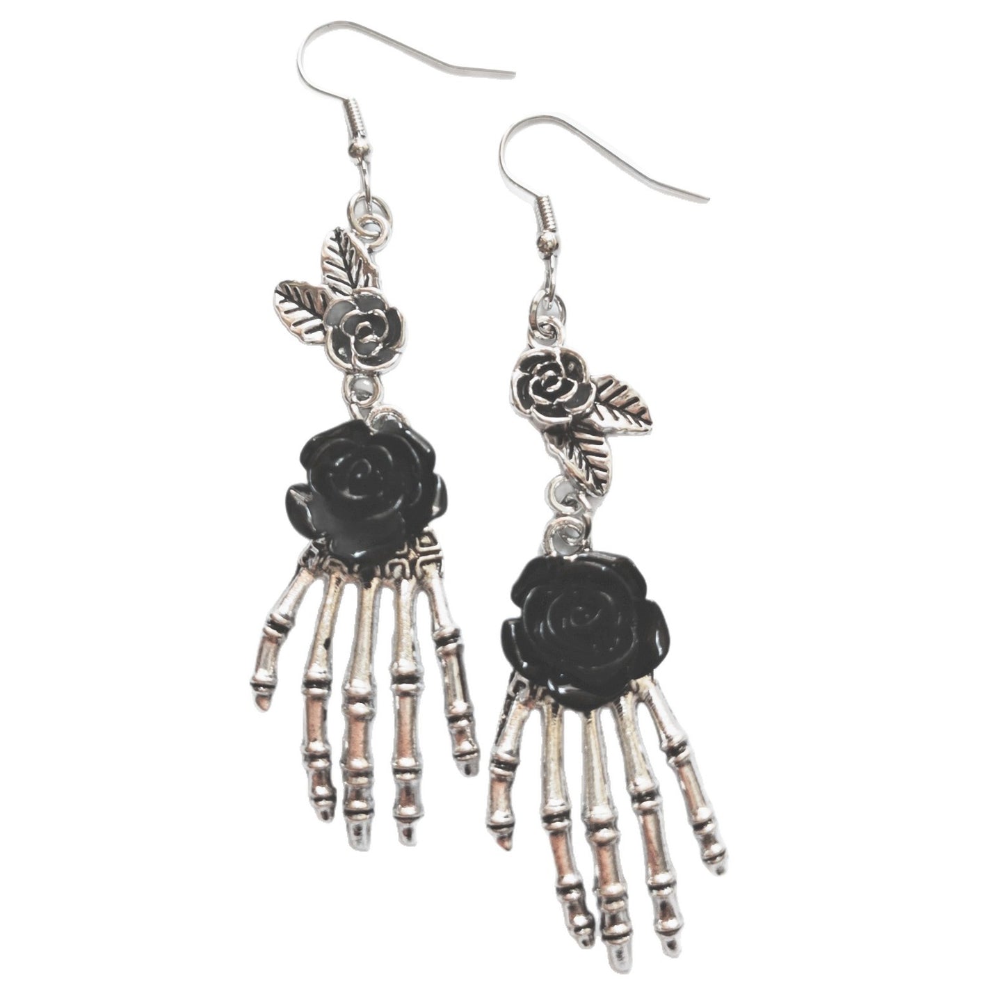 Skull Hand Red Rose Gothic Handmade Eardrop Halloween Earrings