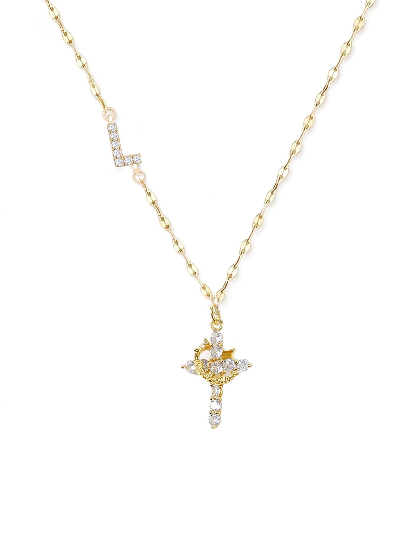 Full Diamond Rotatable Crown Cross With Letters Gold-plated Necklace