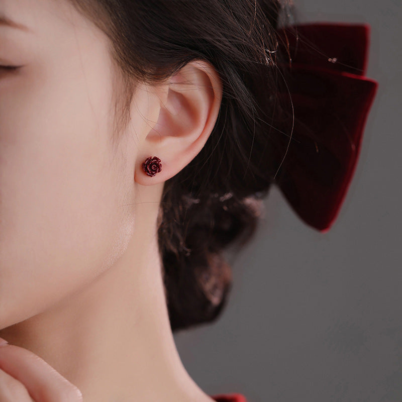 Broadcast Style Original Red Three-dimensional Flower Ear Earrings