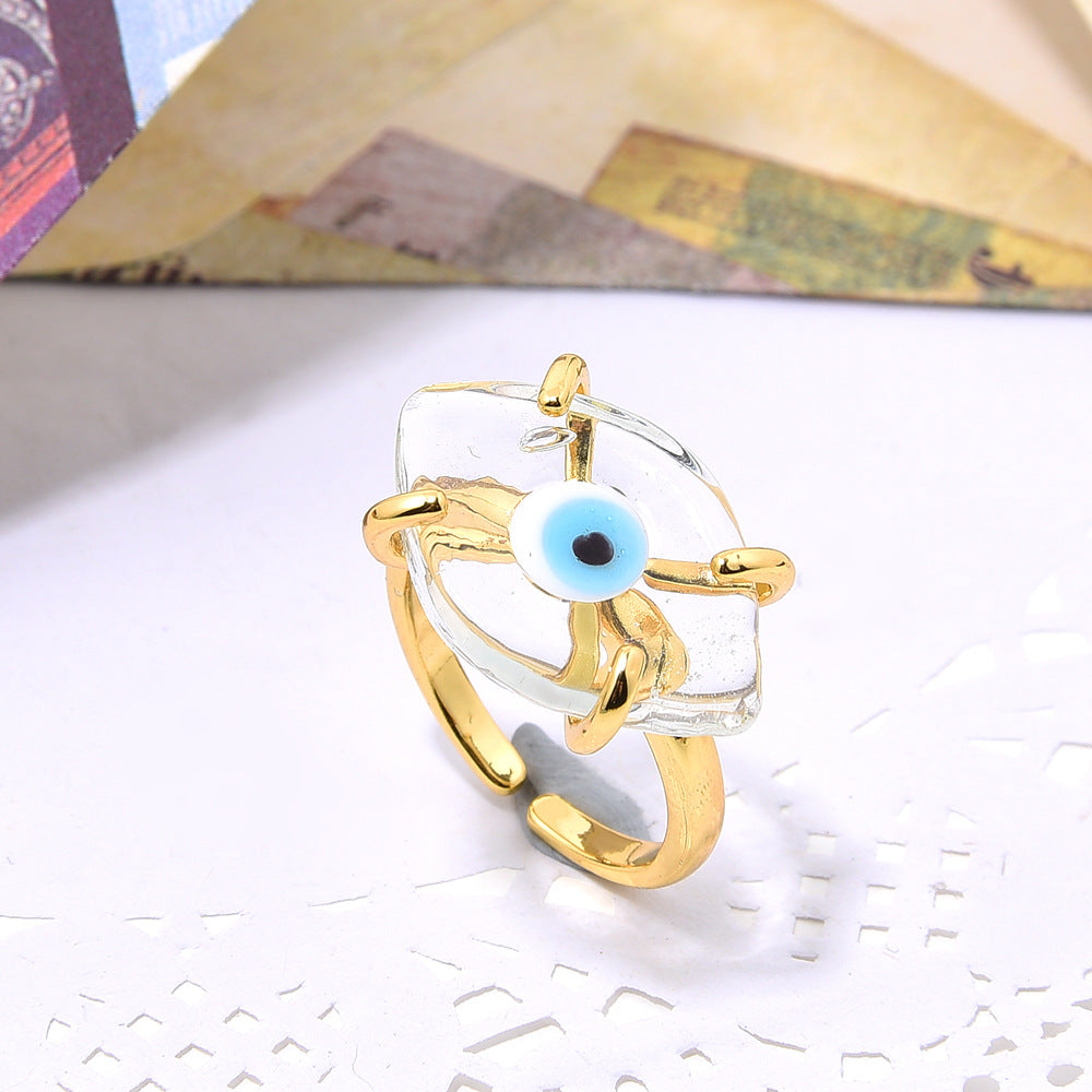 Women's Handmade Gold Copper Inlaid Glass Eyes Open-end For Bohemian Adjustable Ring