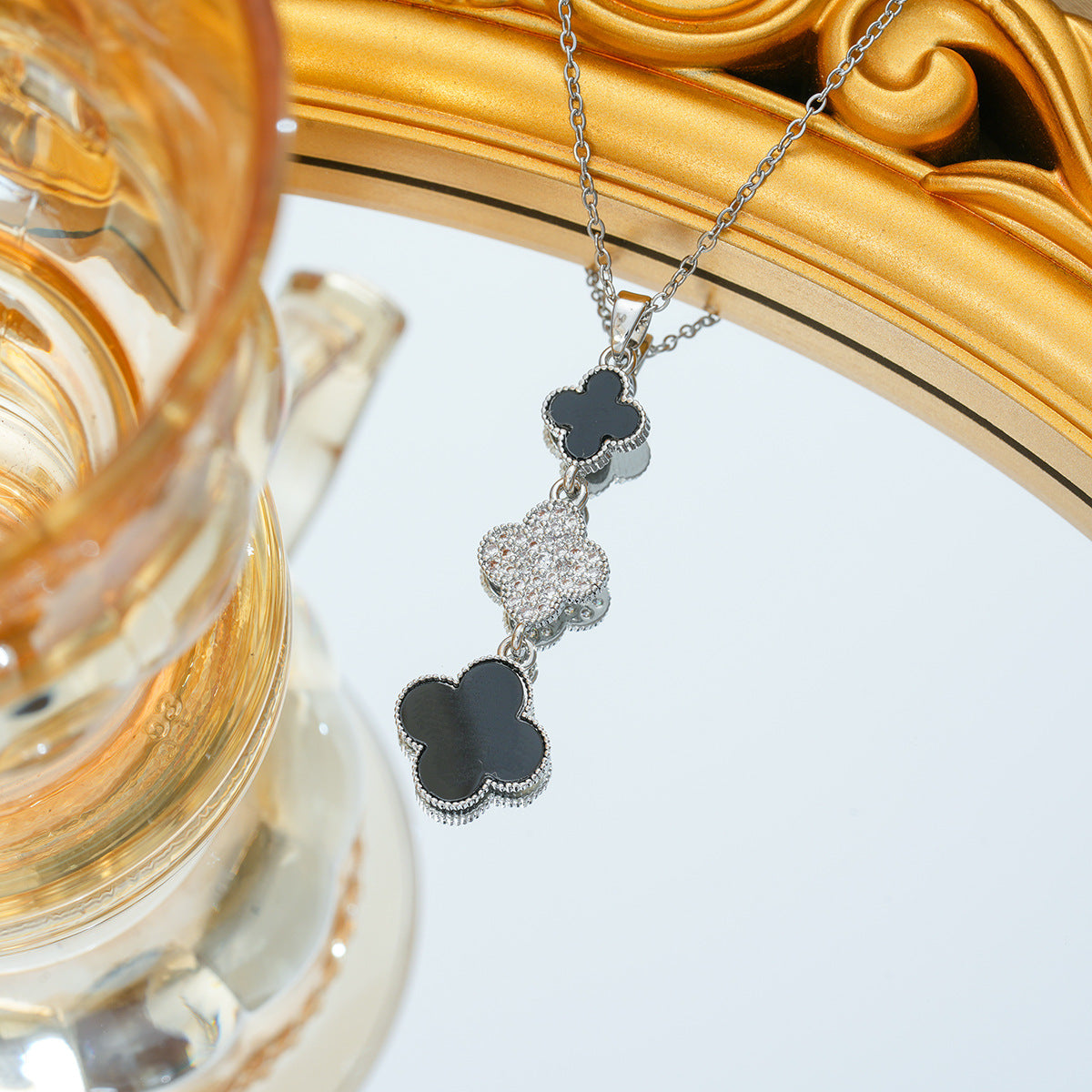 Women's Steel Triple Double-sided Clover Full Diamond Clavicle Chain Light Luxury Necklaces
