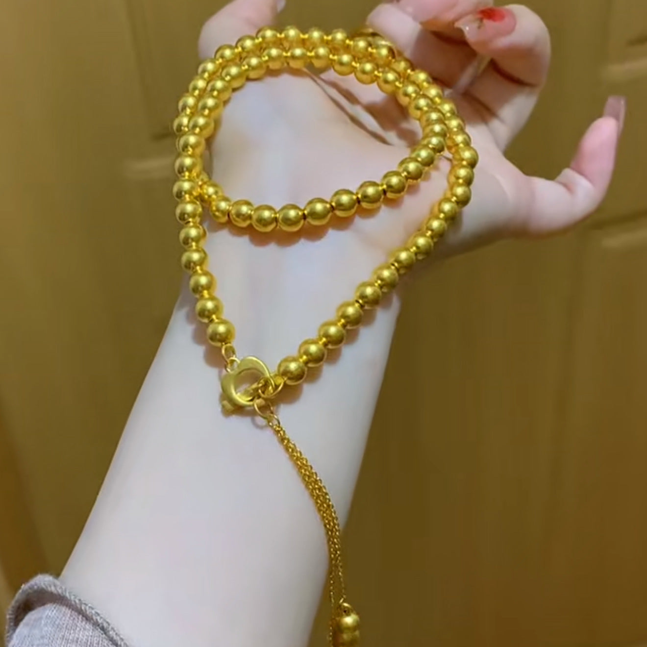 Ancient Gold Beads Chain Drop-off Heart Buckle Tassel Imitation Three Necklaces