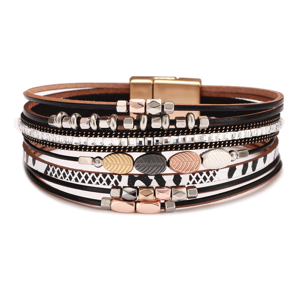 Women's Bohemian Wrist Leather Woven Leaf Shaped Ethnic Style Magnetic Snap Bracelets