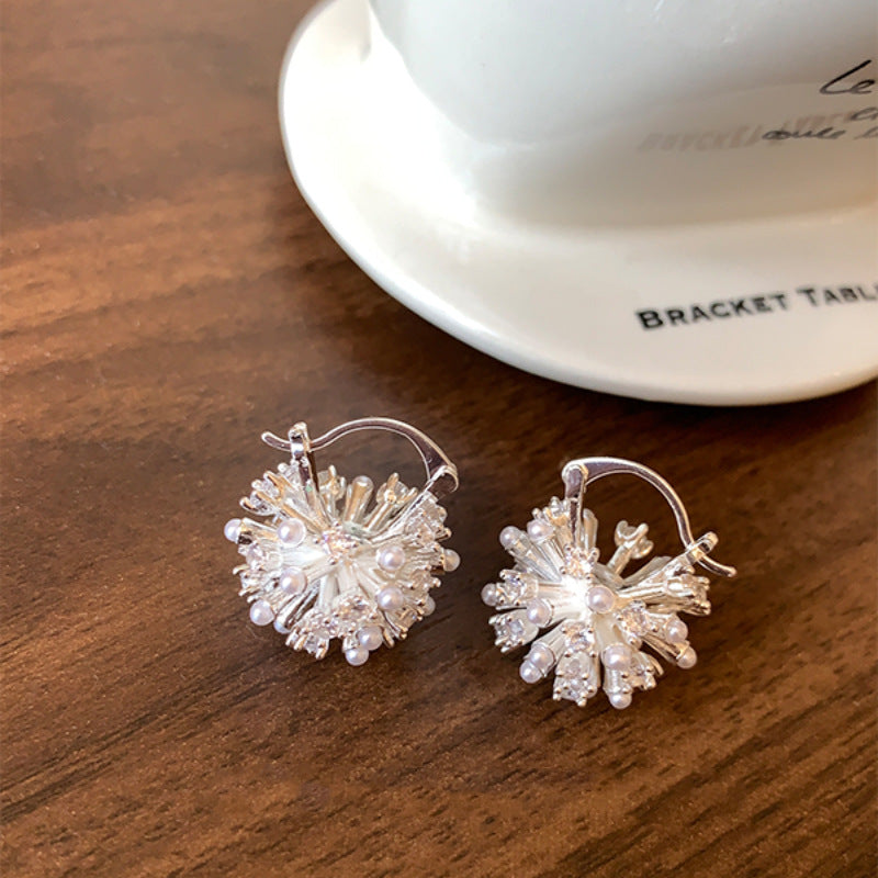 Women's White Pearl Fireworks Metal Beads Clip Mild Luxury Earrings