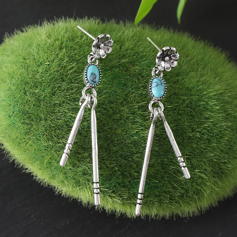 Simple Geometric Turquoise Tassel Vintage Flower Oval Earrings
